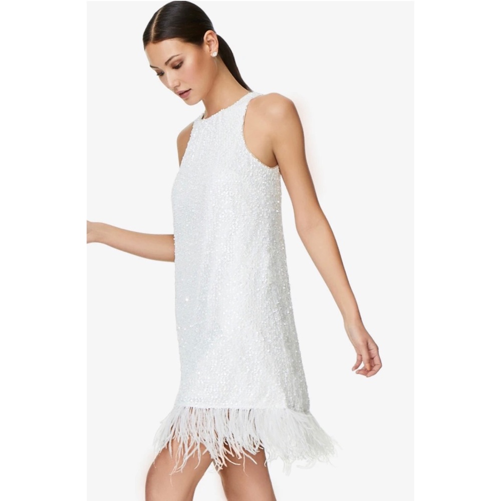 Adrianna Papell Halter Sequin Trapeze Dress with Feather Trim in Ivory